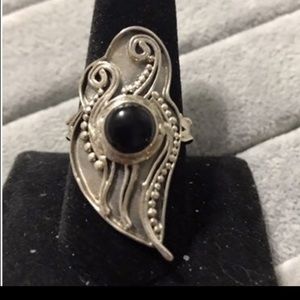 New OOAK CUSTOM Sterling Silver Onyx Filigree Ring Size 10 Crystal Gem